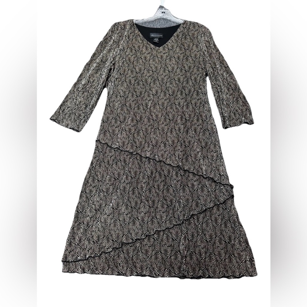 Connected Apparel Womens Sz 12 Black/Gold Tiered Ruffle 3/4 Sleeve V-Neck Dress